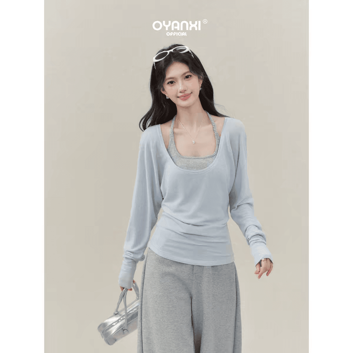 회색 행침 목 조끼 스택 착용 하늘색 긴팔 티셔츠 블라우스 맨위 두 조각 여성 세트 상세 이미지 2