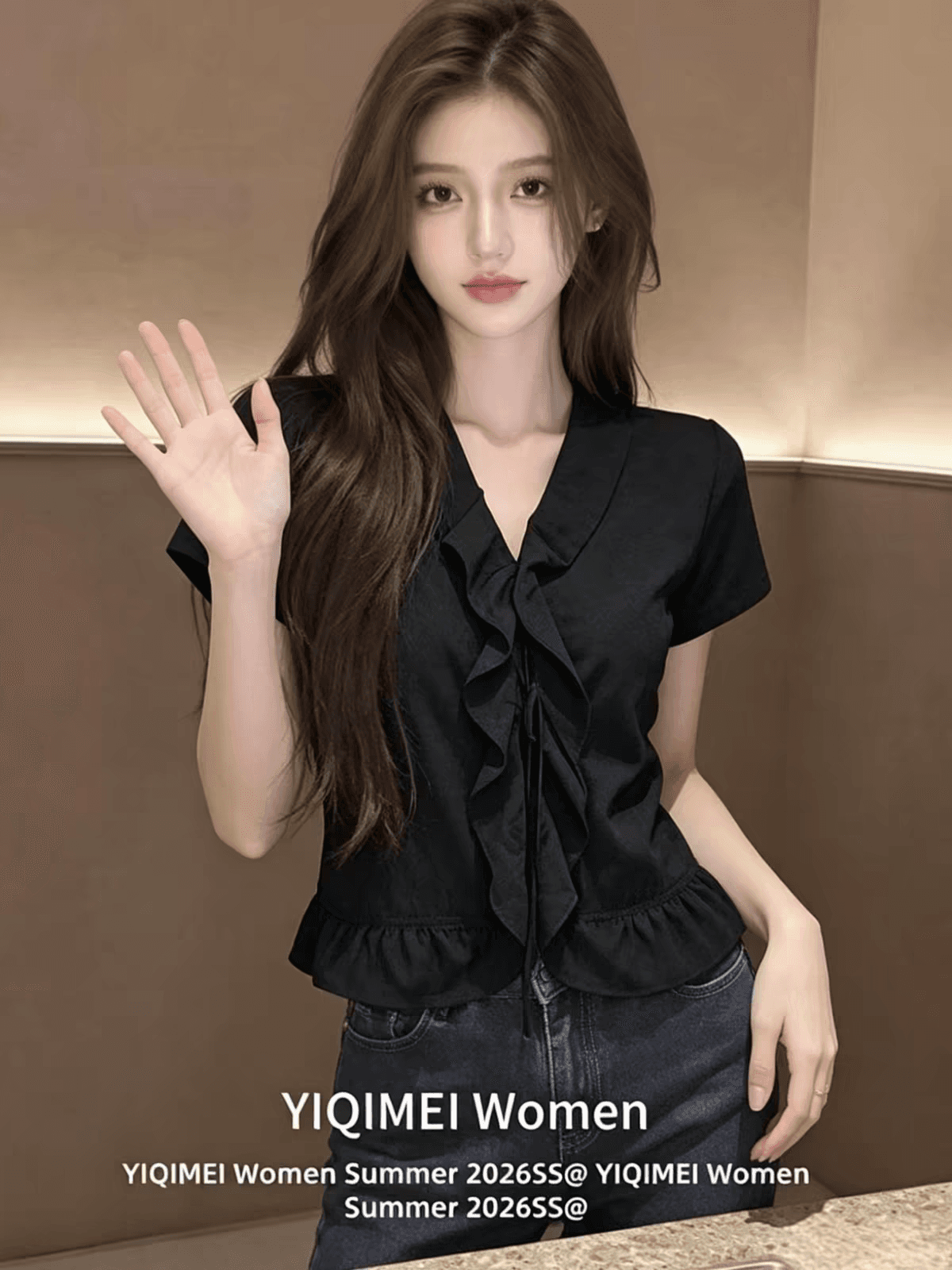 검정색 V넥 반팔 여성 셔츠 여름 맨위 셔츠 이미지 2