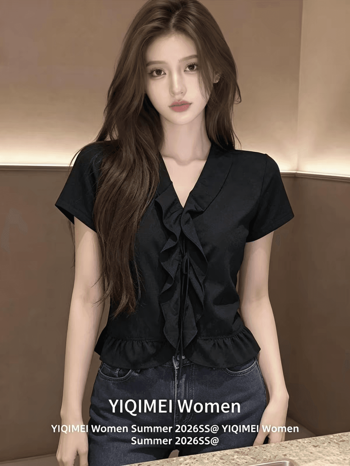 검정색 V넥 반팔 여성 셔츠 여름 맨위 셔츠 이미지 3