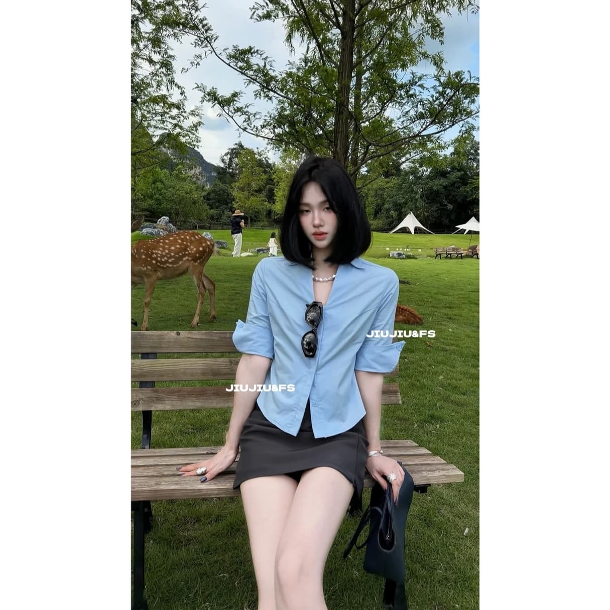 셔츠 길다 플러시 면 맞춤 니스 어두운 문 襟 중간 소매 V넥 허리 수축 셔츠 이미지 2