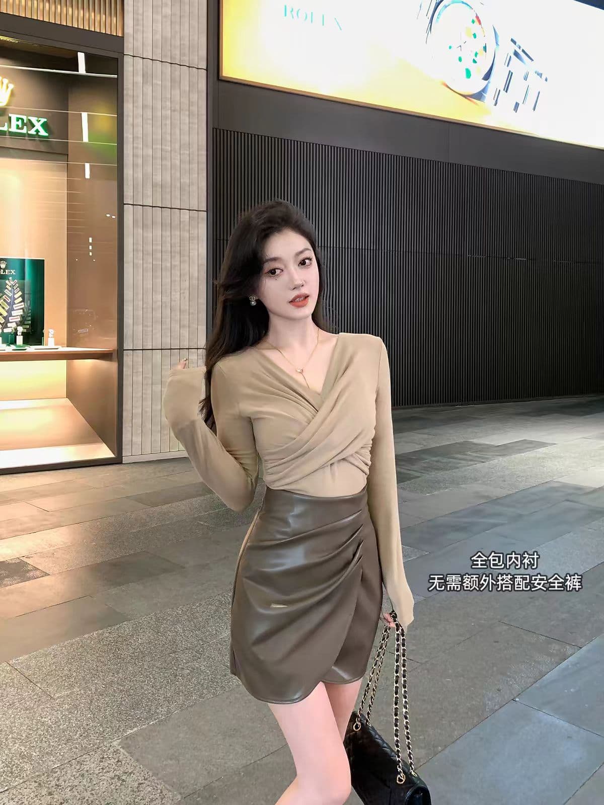 커피 색상 가죽 스커트 타이트 스커트 가을 겨울 미니 스커트 반신 스커트 작은 키 하이웨이스트 A라인 스커트 상세 이미지 3