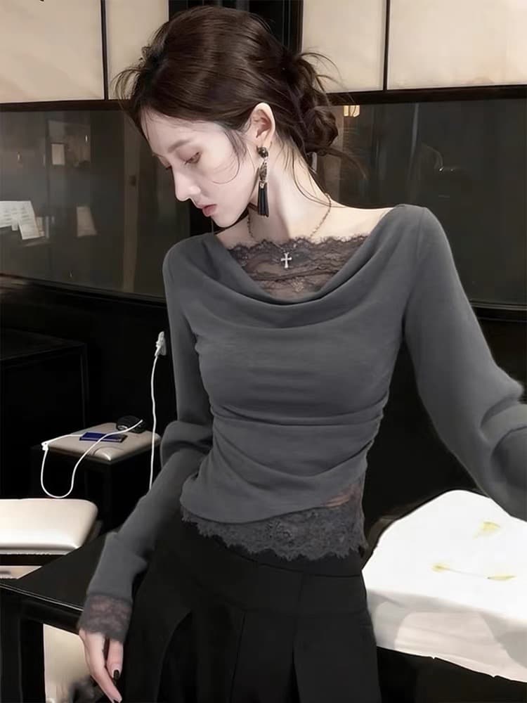 레트로 말뚝 더미 칼라 레이스 조각 니트 스웨터 여성 2026 새로운 겨울 섹시함 핫걸 패션 분위기 센스 맨위 상세 이미지 3