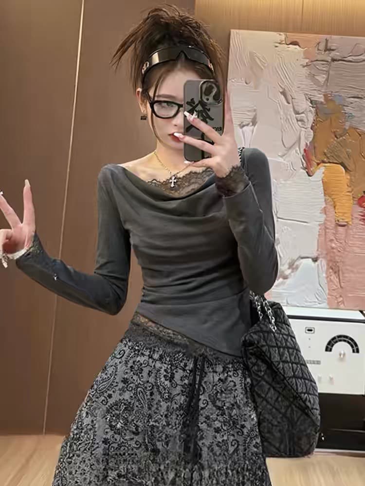 페이크 레이어드 레이스 조각 긴팔 인사이드 가져 가라. 슬림해 보이는 몸매 가꾸기 기본 셔츠 티셔츠 상세 이미지 1
