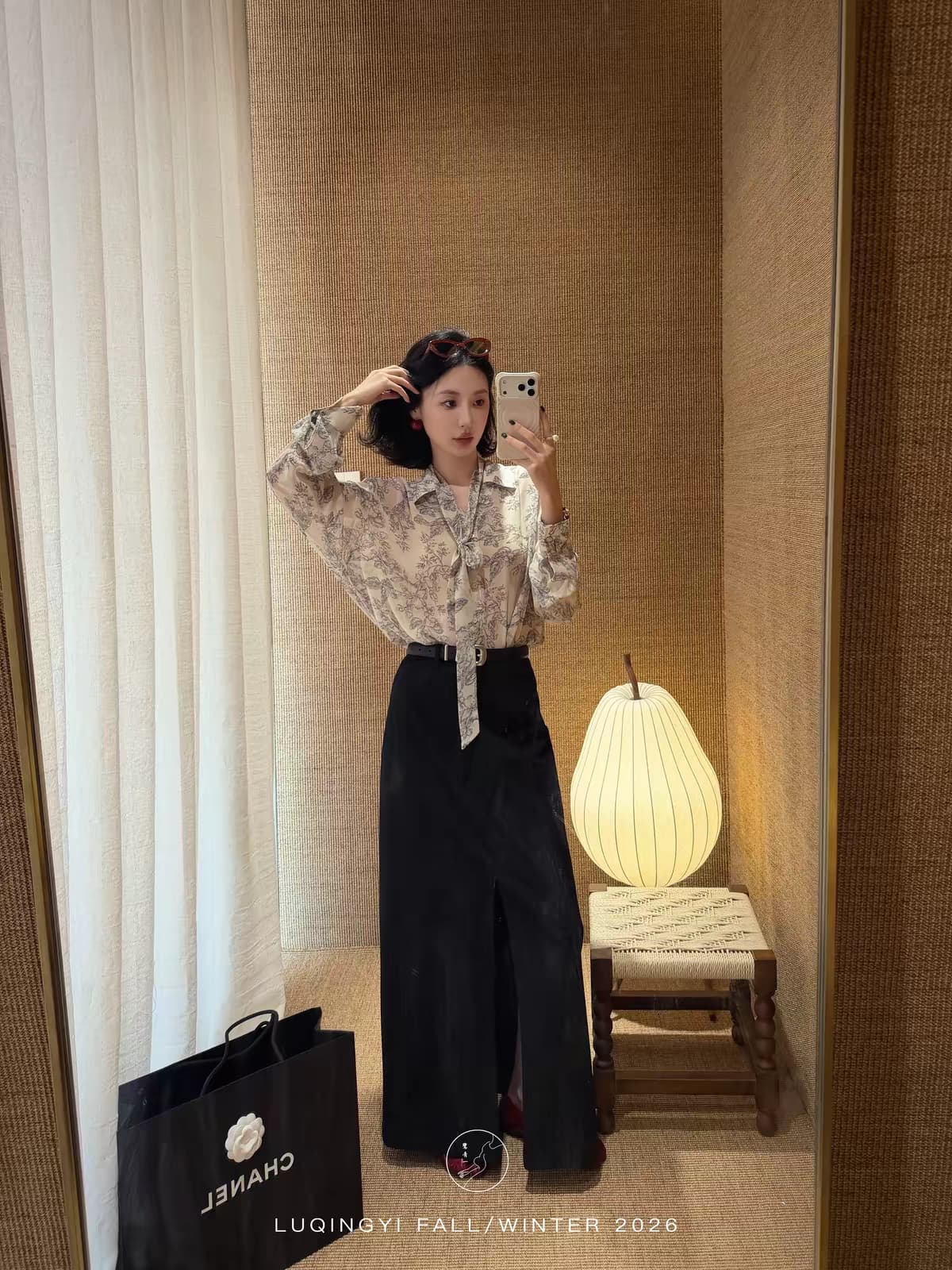 쉬폰 프린트 여성 셔츠 가을 폴로 칼라 리본 벌룬 소매 V넥 맨위 이미지 2