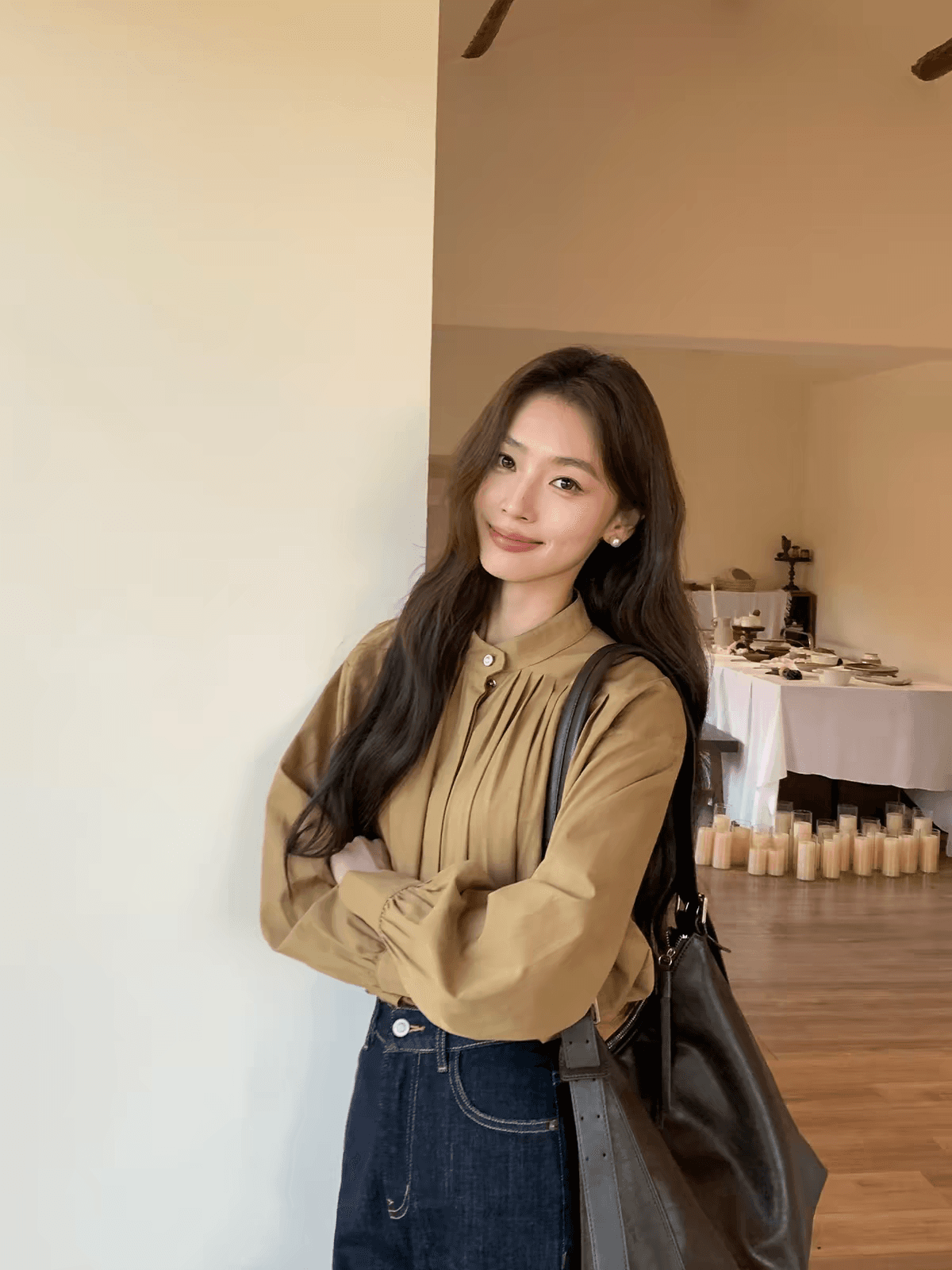 스탠드 칼라 여성 셔츠 높음 지혜 센스 출퇴근 루즈핏 긴팔 셔츠 이미지 4