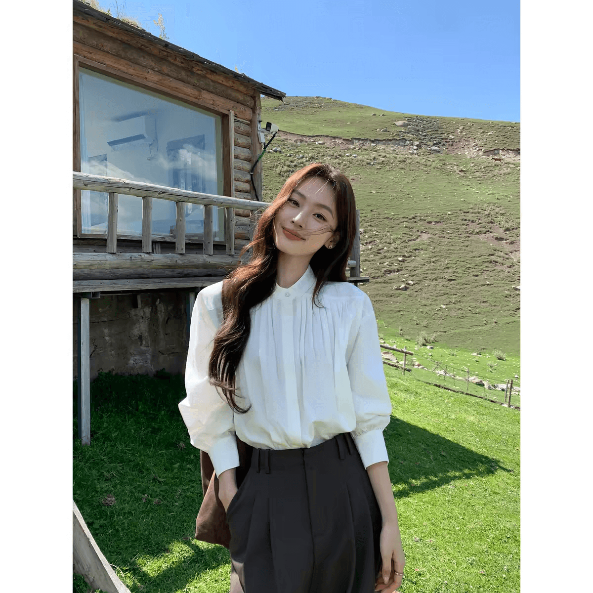 스탠드 칼라 여성 셔츠 높음 지혜 센스 출퇴근 루즈핏 긴팔 셔츠 상세 이미지 2