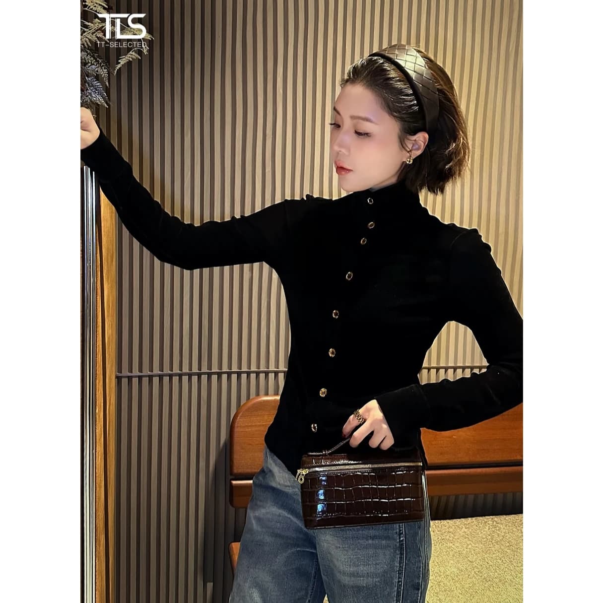 세련된 품격 벨벳 금속 버클 부드러운 찹쌀 몸매 가꾸기 스탠드 칼라 인사이드 가져 가라. 긴팔 맨위 상세 이미지 4