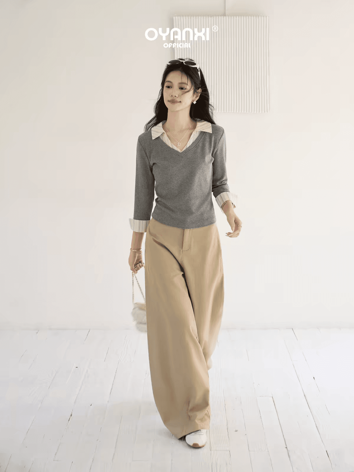 회색 폴로 칼라 칼라 페이크 레이어드 티셔츠 여성 여름 몸매 가꾸기 쇼트 스타일 7부 소매 맨위 이미지 3
