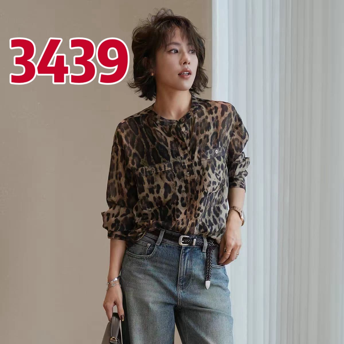 레오파드 무늬 레트로 라운드 넥 더블 막대기 가방 뽕나무 누에 실크 긴팔 셔츠
