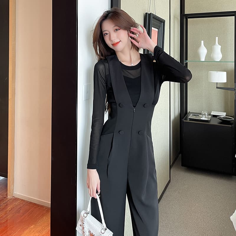 고급 센스 멜빵 바지 여성 2026 봄 가을 새로운 디자인 센스 허리 수축 슬림해 보이는 하이웨이스트 넓은 다리 정장 바지 올인원 바지 이미지 5