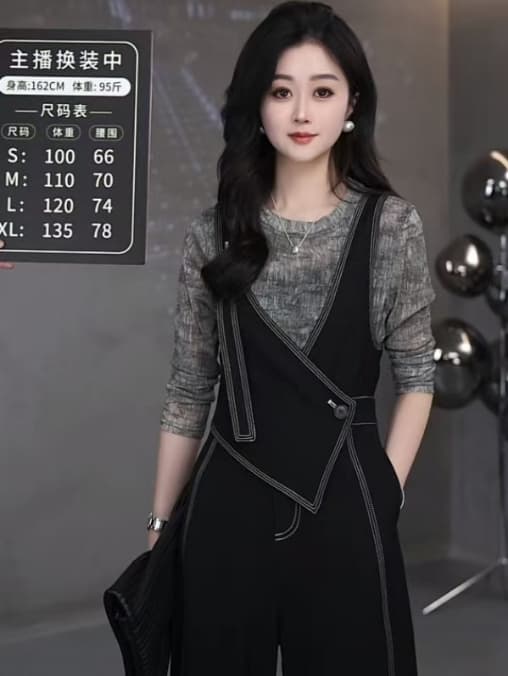 블루 섬 Cang 暮 패션 무거운 작업 디자이너 더블 어깨끈 차가운 바람의 소리 바람 단색 슬림해 보이는 올인원 바지 이미지 2