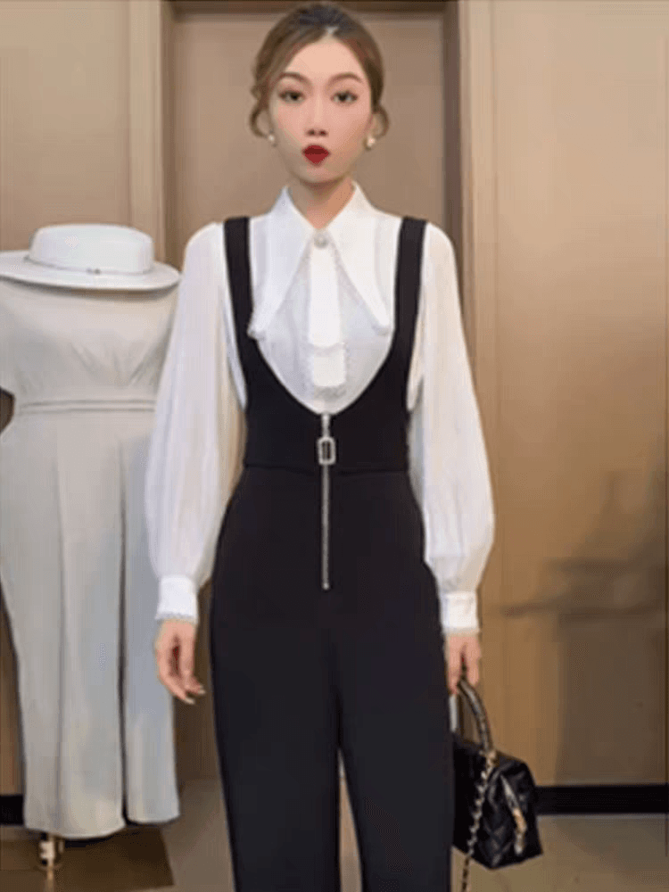 2026 숙련 된 품격 명문 여성 올인원 멜빵 바지 여성 가을 의상 새로운 넓은 다리 멜빵