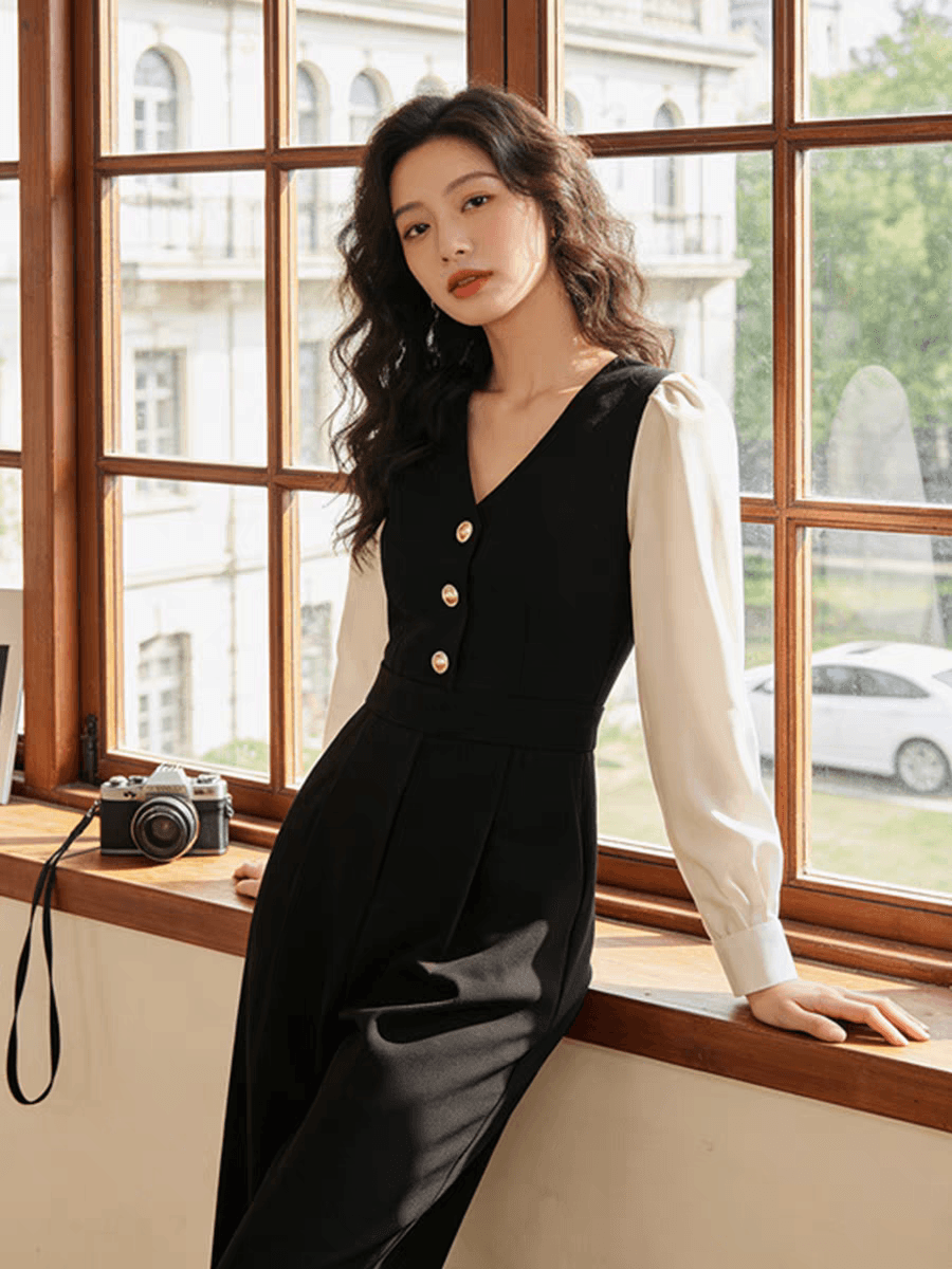 고급 센스 빛 럭셔리 올인원 바지 2026 봄 새로운 품격 여신 팬 배색 연령 감소 점프 슈트 와이드 레그 팬츠 상세 이미지 5