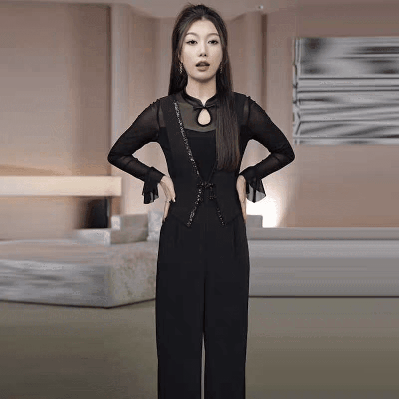 고급 센스 정장 멜빵 바지 여성 2026 여름 새로운 연령 감소 외국 가스 슬림해 보이는 넓은 다리 올인원 바지 상세 이미지 4
