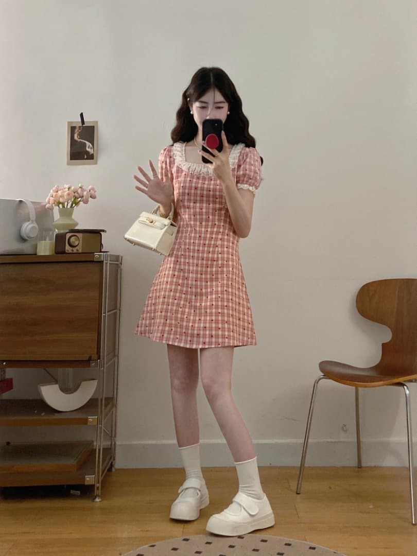 실사 빅 사이즈 2026 새로운 프랑스식 레트로 레이스 빨간색 그리드 하트 여름 허리 수축 표지 배 슬림해 보이는 드레스 상세 이미지 2