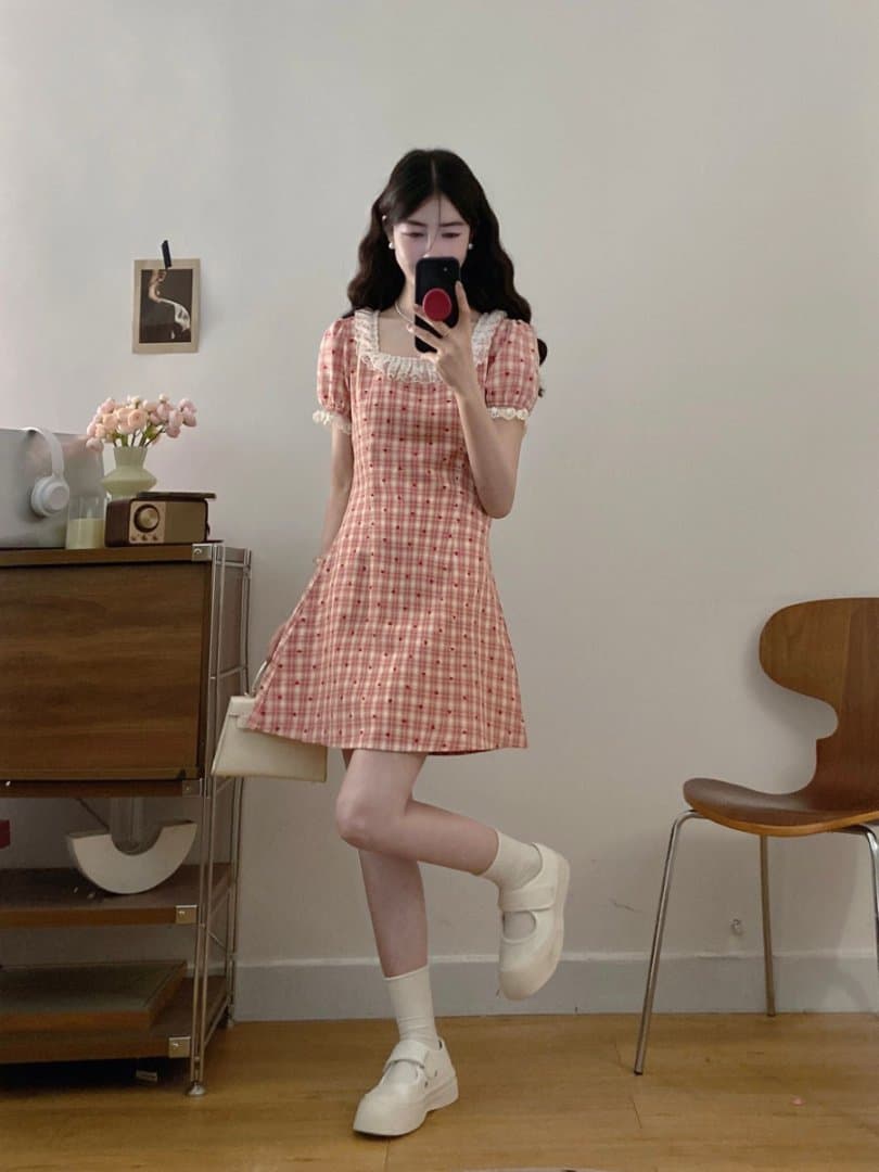 실사 빅 사이즈 2026 새로운 프랑스식 레트로 레이스 빨간색 그리드 하트 여름 허리 수축 표지 배 슬림해 보이는 드레스 상세 이미지 3