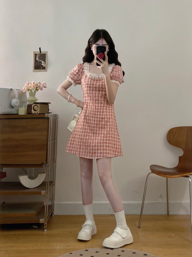 실사 빅 사이즈 2026 새로운 프랑스식 레트로 레이스 빨간색 그리드 하트 여름 허리 수축 표지 배 슬림해 보이는 드레스 상세 이미지 4