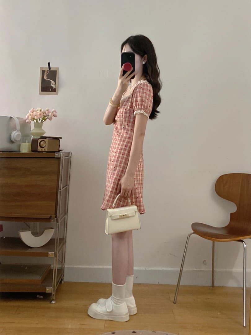 실사 빅 사이즈 2026 새로운 프랑스식 레트로 레이스 빨간색 그리드 하트 여름 허리 수축 표지 배 슬림해 보이는 드레스 상세 이미지 7