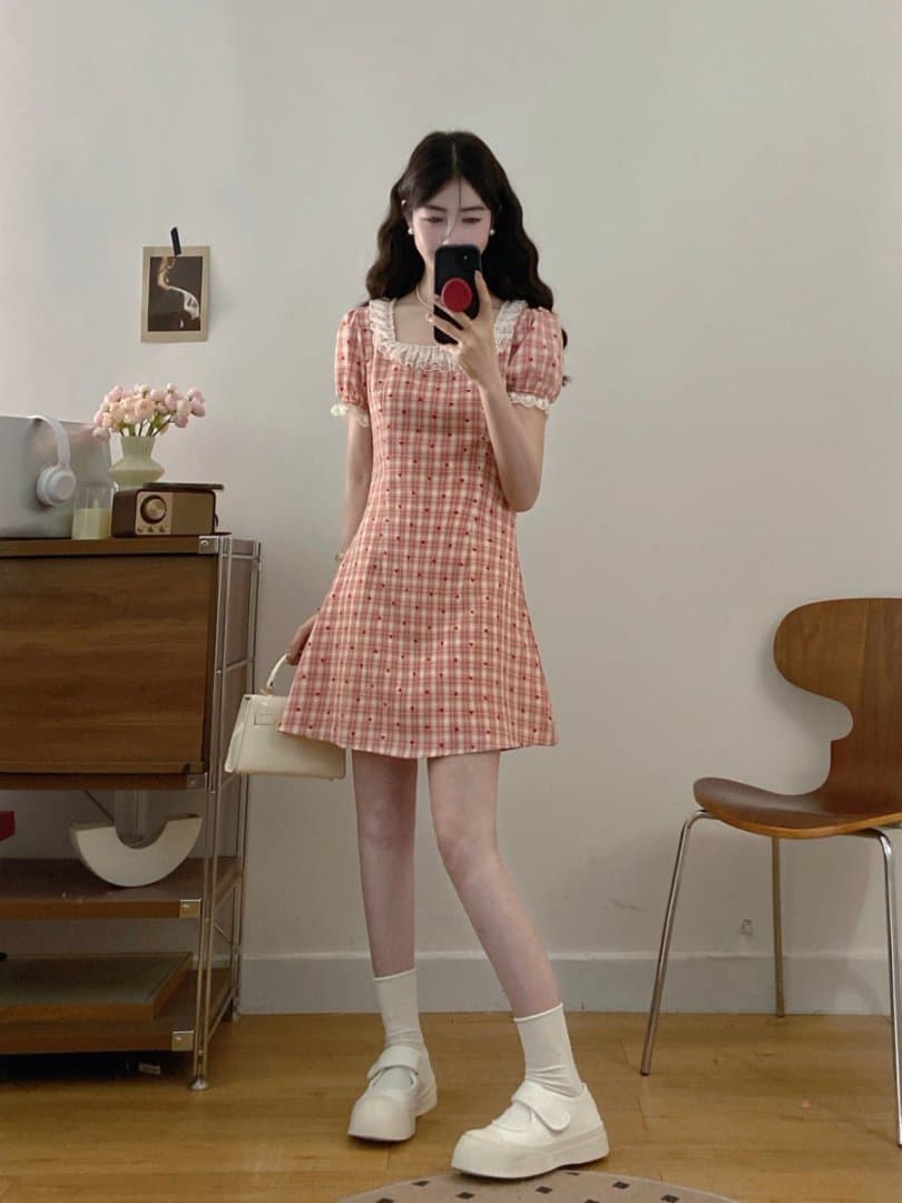 실사 빅 사이즈 2026 새로운 프랑스식 레트로 레이스 빨간색 그리드 하트 여름 허리 수축 표지 배 슬림해 보이는 드레스 상세 이미지 8