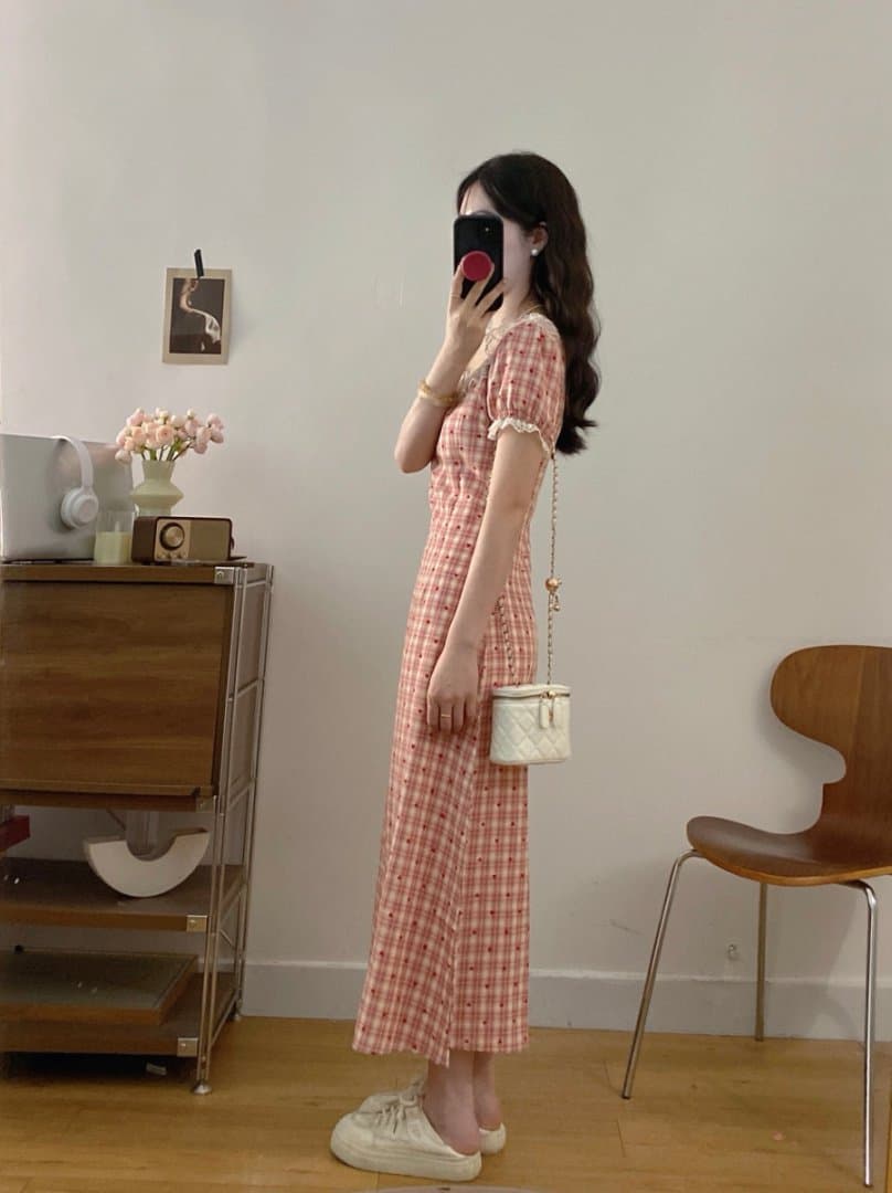 실사 빅 사이즈 2026 새로운 프랑스식 레트로 레이스 빨간색 그리드 하트 여름 허리 수축 표지 배 슬림해 보이는 드레스 상세 이미지 12
