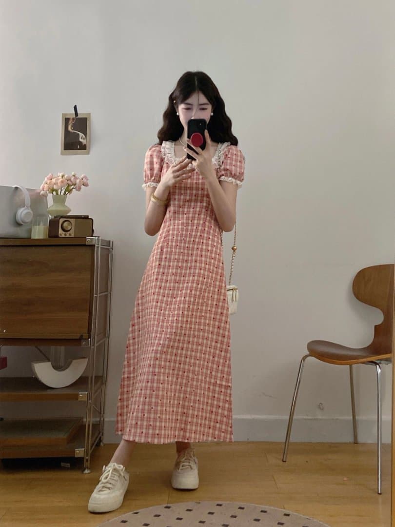 실사 빅 사이즈 2026 새로운 프랑스식 레트로 레이스 빨간색 그리드 하트 여름 허리 수축 표지 배 슬림해 보이는 드레스 상세 이미지 14