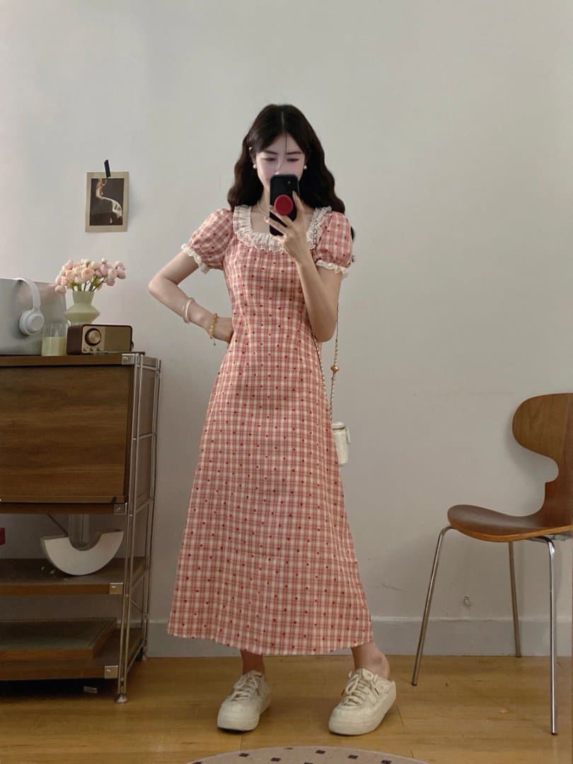 실사 빅 사이즈 2026 새로운 프랑스식 레트로 레이스 빨간색 그리드 하트 여름 허리 수축 표지 배 슬림해 보이는 드레스 상세 이미지 15