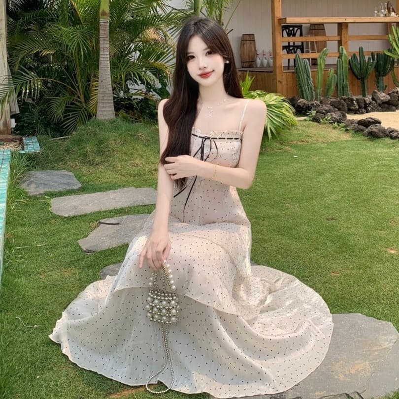 실사 빅 사이즈 물결 깃발 해변가 휴가 바람 분위기 센스 니트 오픈 가디건 슬립 도트 무늬 반신 스커트 3종 세트 이미지 5