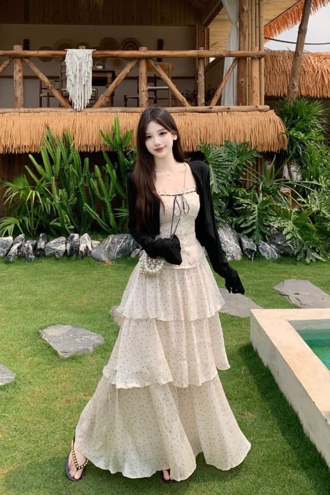 실사 빅 사이즈 물결 깃발 해변가 휴가 바람 분위기 센스 니트 오픈 가디건 슬립 도트 무늬 반신 스커트 3종 세트 이미지 6