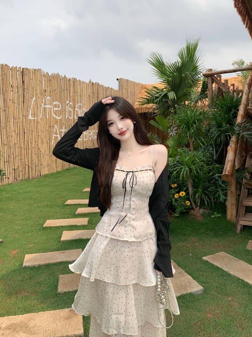 실사 빅 사이즈 물결 깃발 해변가 휴가 바람 분위기 센스 니트 오픈 가디건 슬립 도트 무늬 반신 스커트 3종 세트 상세 이미지 2