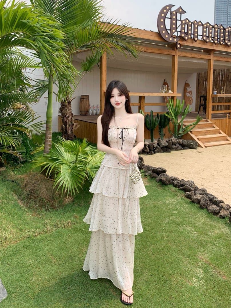 실사 빅 사이즈 물결 깃발 해변가 휴가 바람 분위기 센스 니트 오픈 가디건 슬립 도트 무늬 반신 스커트 3종 세트 상세 이미지 4