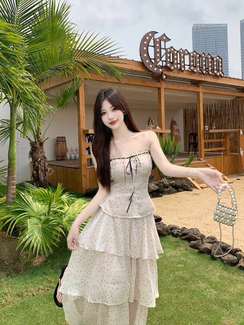 실사 빅 사이즈 물결 깃발 해변가 휴가 바람 분위기 센스 니트 오픈 가디건 슬립 도트 무늬 반신 스커트 3종 세트 상세 이미지 10
