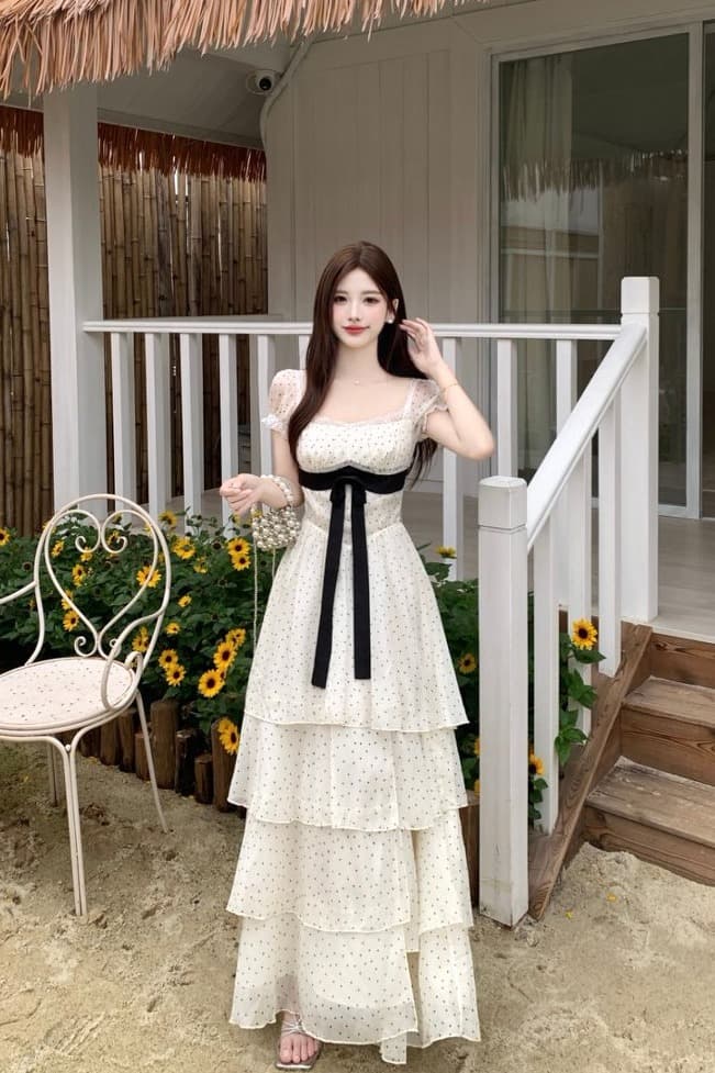 실사 빅 사이즈 프랑스식 달콤함 도트 무늬 거품 소매 드레스 여름 지방 mm 슬림해 보이는 꼬집기 허리 고급 센스 케이크 드레스 이미지 6