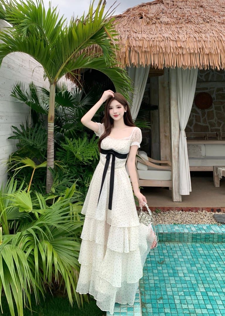 실사 빅 사이즈 프랑스식 달콤함 도트 무늬 거품 소매 드레스 여름 지방 mm 슬림해 보이는 꼬집기 허리 고급 센스 케이크 드레스 상세 이미지 7