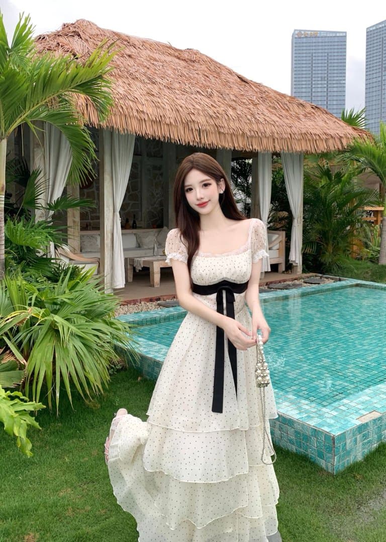 실사 빅 사이즈 프랑스식 달콤함 도트 무늬 거품 소매 드레스 여름 지방 mm 슬림해 보이는 꼬집기 허리 고급 센스 케이크 드레스 상세 이미지 10