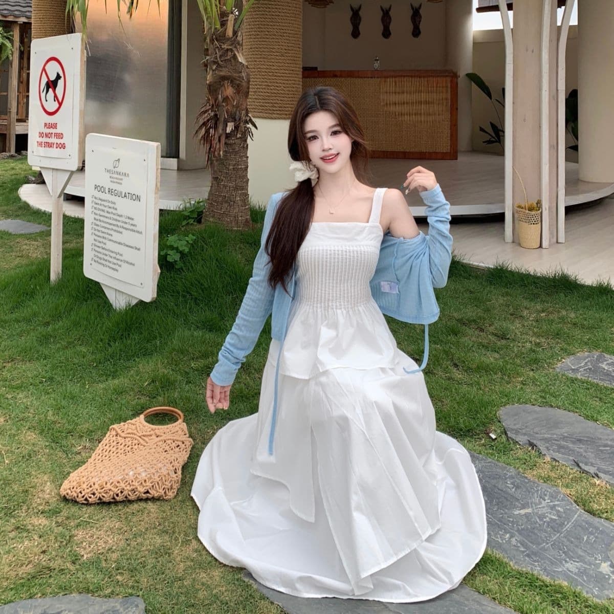 실사 빅 사이즈 여성 의류 여름 한 부서 신선함 화이트 슬립 케이크 드레스 오픈 가디건 3종 세트 통통한 여동생 슬림해 보이는 표지 고기 이미지 5