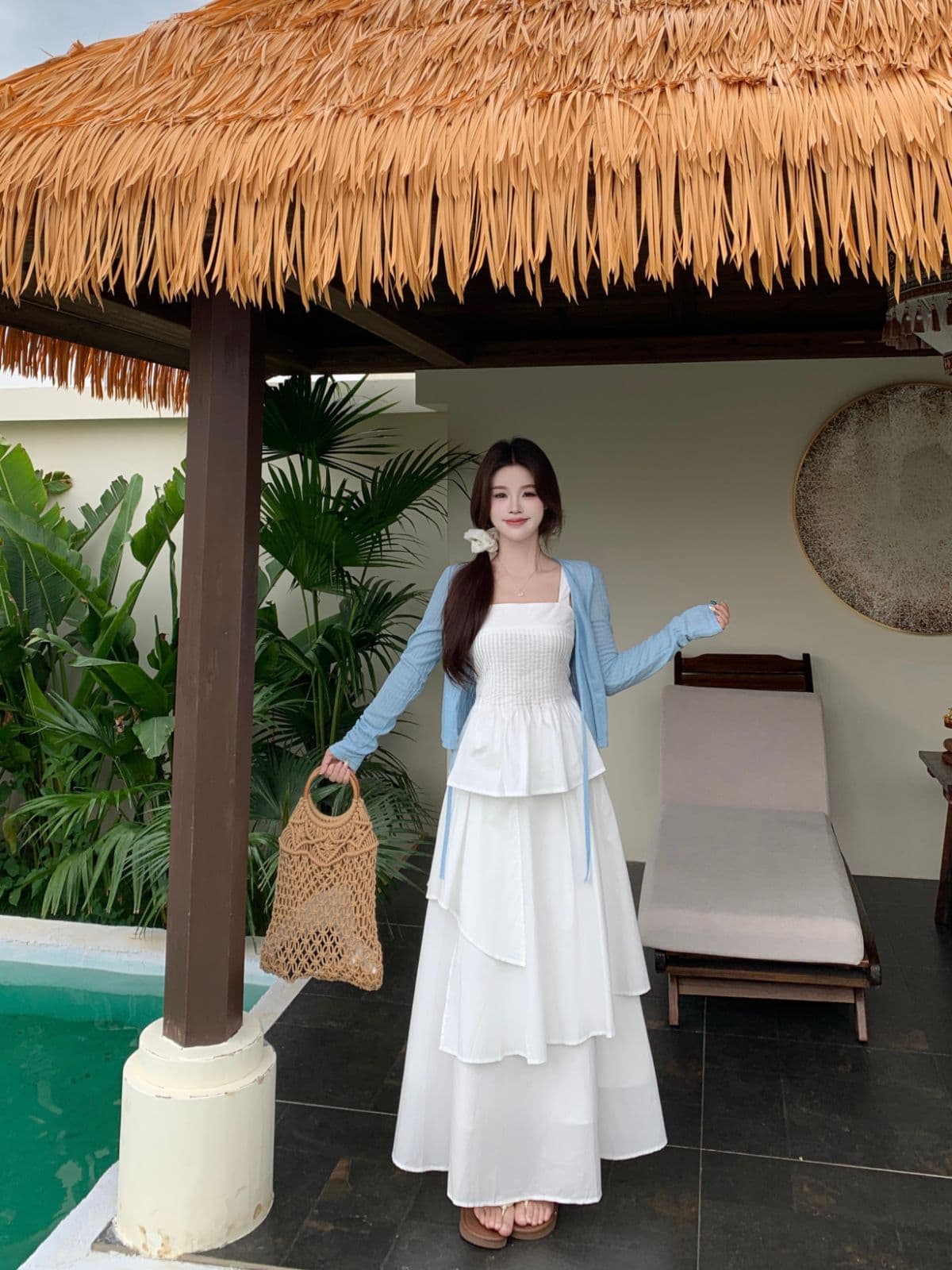 실사 빅 사이즈 여성 의류 여름 한 부서 신선함 화이트 슬립 케이크 드레스 오픈 가디건 3종 세트 통통한 여동생 슬림해 보이는 표지 고기 상세 이미지 2