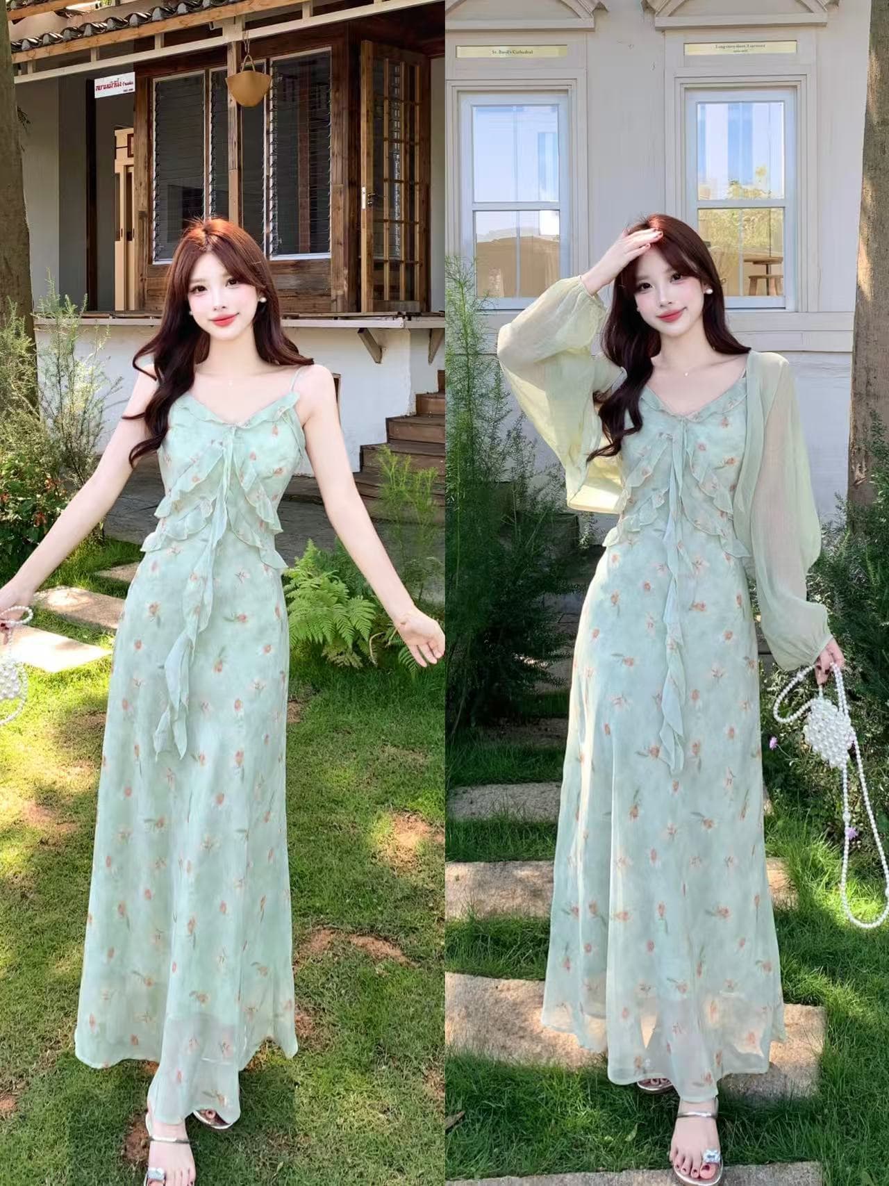 실사 빅 사이즈 휴가 바람 프릴 꽃무늬 슬립 드레스 배트윙 소매 오픈 가디건 두 조각 여성 세트 여름 롱 스커트