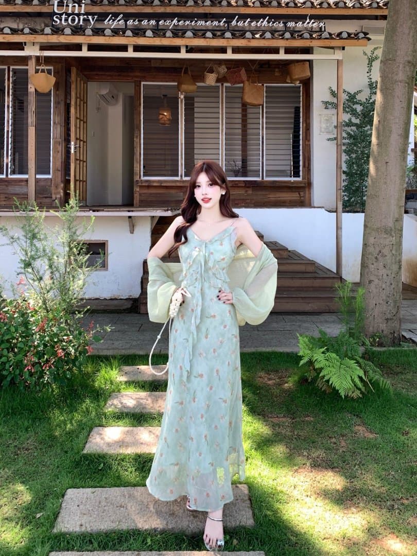 실사 빅 사이즈 휴가 바람 프릴 꽃무늬 슬립 드레스 배트윙 소매 오픈 가디건 두 조각 여성 세트 여름 롱 스커트 이미지 4