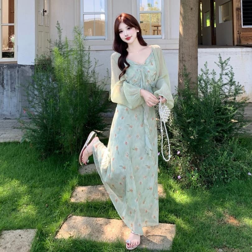 실사 빅 사이즈 휴가 바람 프릴 꽃무늬 슬립 드레스 배트윙 소매 오픈 가디건 두 조각 여성 세트 여름 롱 스커트 이미지 5