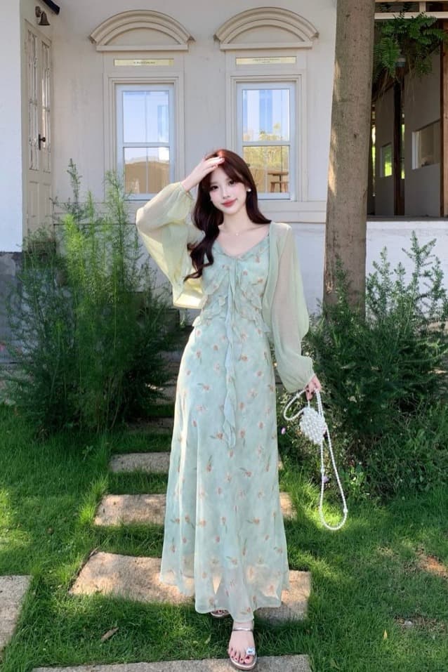 실사 빅 사이즈 휴가 바람 프릴 꽃무늬 슬립 드레스 배트윙 소매 오픈 가디건 두 조각 여성 세트 여름 롱 스커트 이미지 6