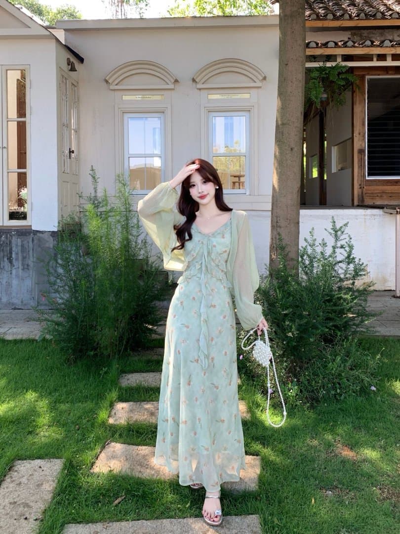 실사 빅 사이즈 휴가 바람 프릴 꽃무늬 슬립 드레스 배트윙 소매 오픈 가디건 두 조각 여성 세트 여름 롱 스커트 상세 이미지 2