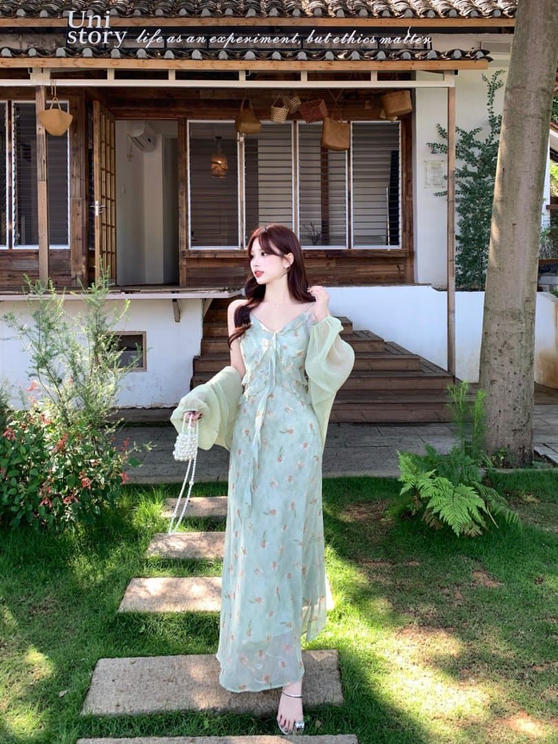 실사 빅 사이즈 휴가 바람 프릴 꽃무늬 슬립 드레스 배트윙 소매 오픈 가디건 두 조각 여성 세트 여름 롱 스커트 상세 이미지 3