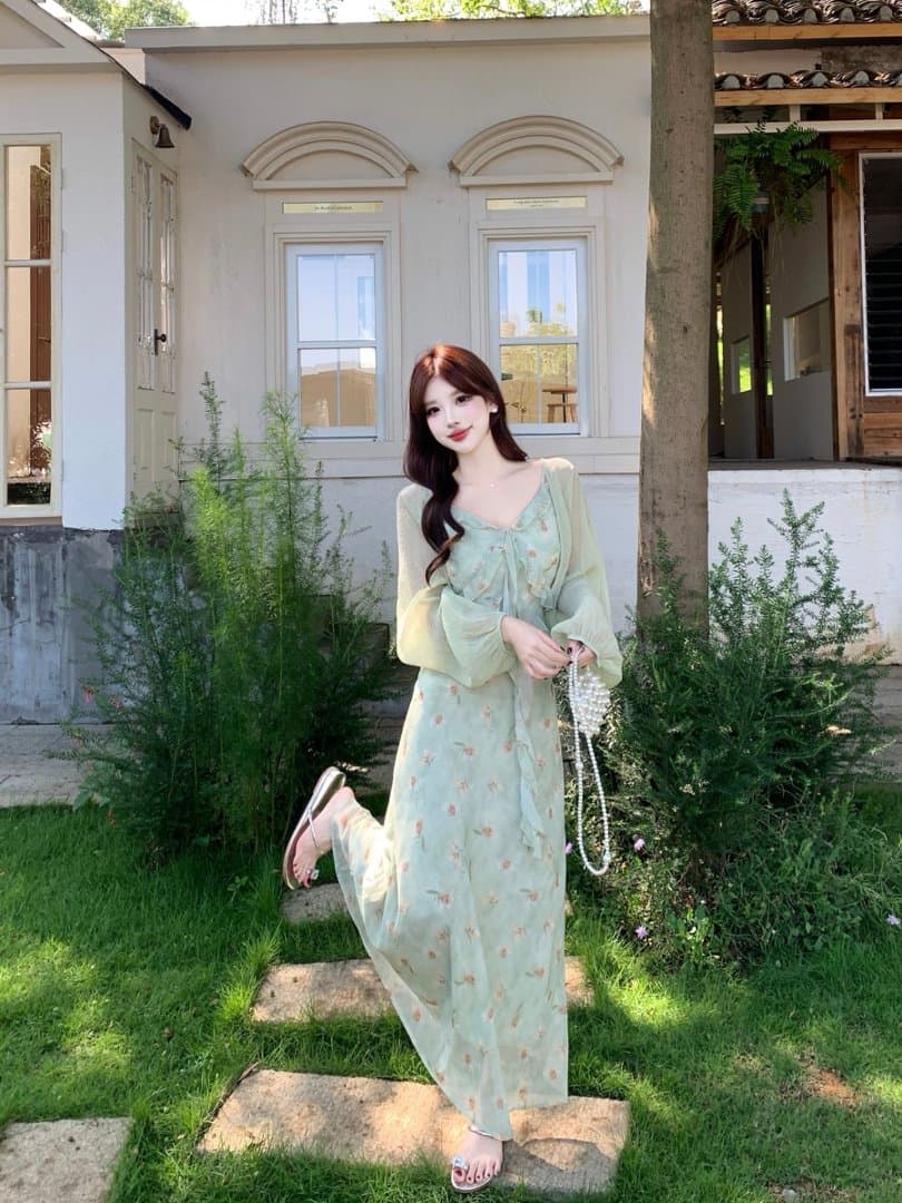 실사 빅 사이즈 휴가 바람 프릴 꽃무늬 슬립 드레스 배트윙 소매 오픈 가디건 두 조각 여성 세트 여름 롱 스커트 상세 이미지 6