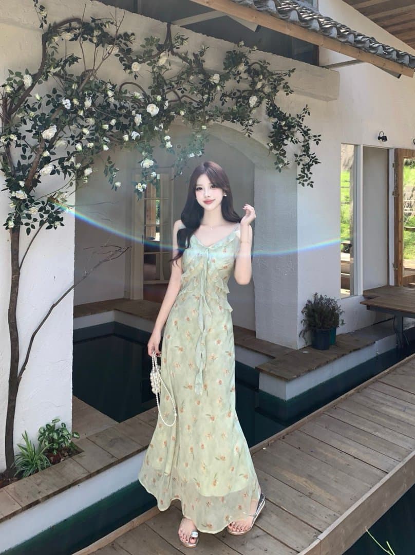 실사 빅 사이즈 휴가 바람 프릴 꽃무늬 슬립 드레스 배트윙 소매 오픈 가디건 두 조각 여성 세트 여름 롱 스커트 상세 이미지 10