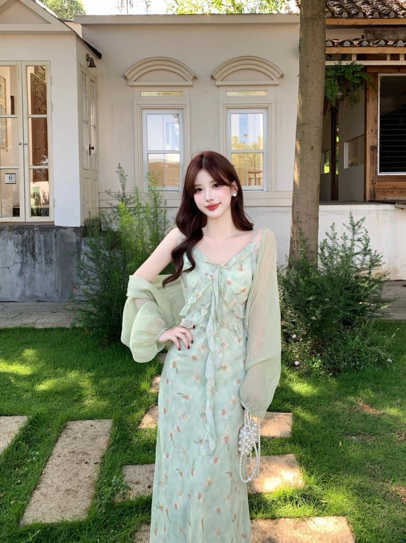 실사 빅 사이즈 휴가 바람 프릴 꽃무늬 슬립 드레스 배트윙 소매 오픈 가디건 두 조각 여성 세트 여름 롱 스커트 상세 이미지 12