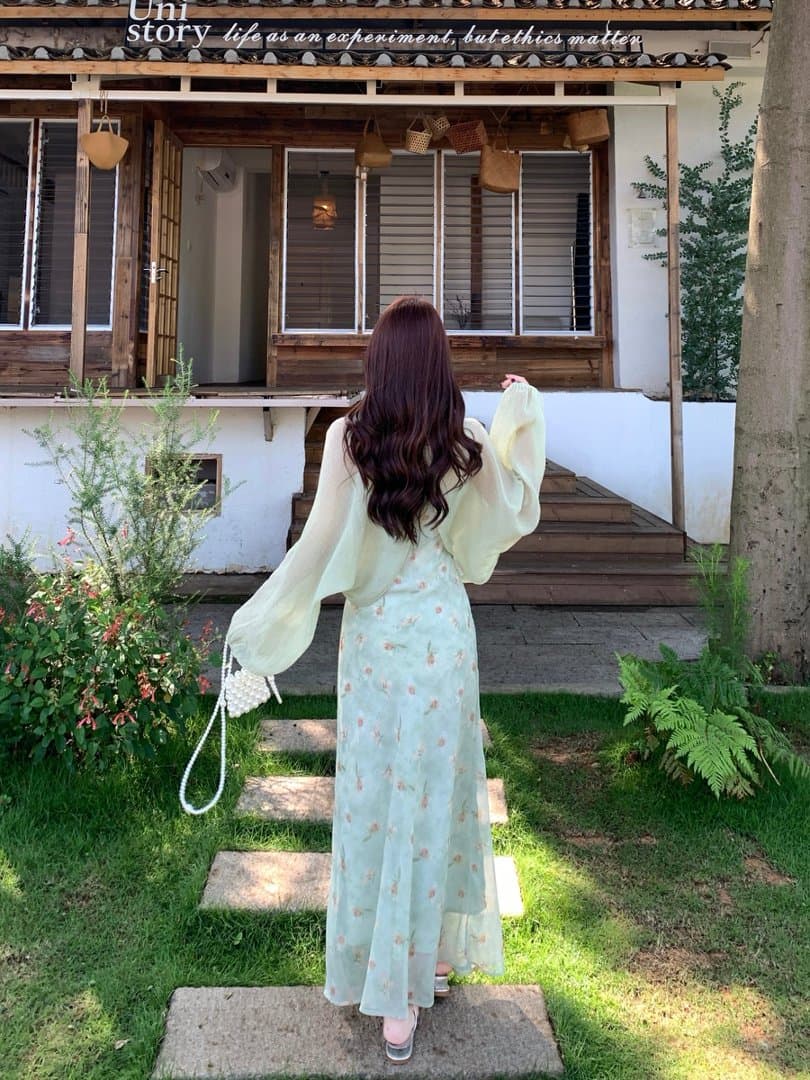 실사 빅 사이즈 휴가 바람 프릴 꽃무늬 슬립 드레스 배트윙 소매 오픈 가디건 두 조각 여성 세트 여름 롱 스커트 상세 이미지 13