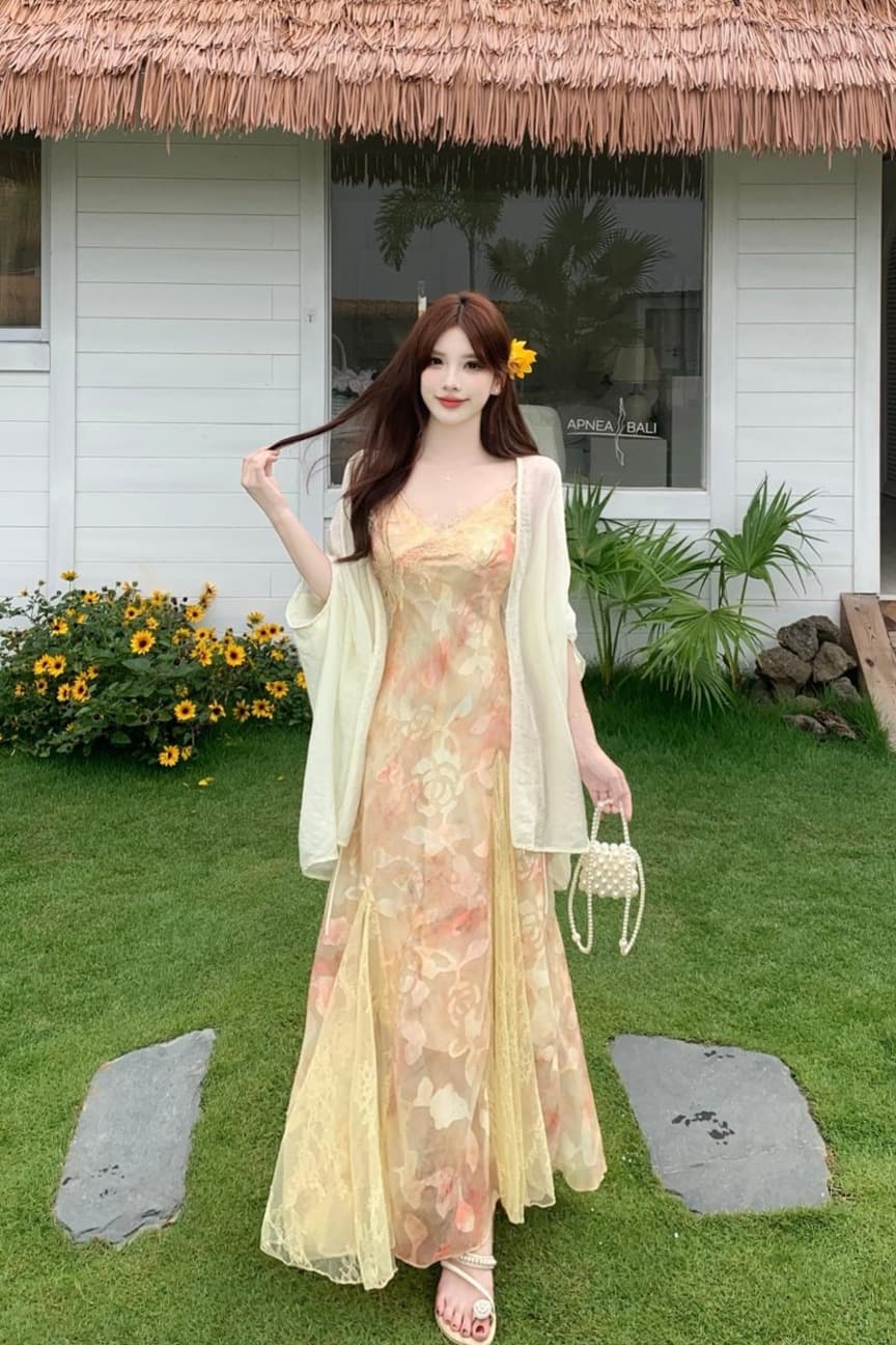 실사 빅 사이즈 무거운 작업 레이스 조각 꽃무늬 슬립 여성 드레스 여름 자외선 차단 숄 롱 스커트 투피스 세트 이미지 6