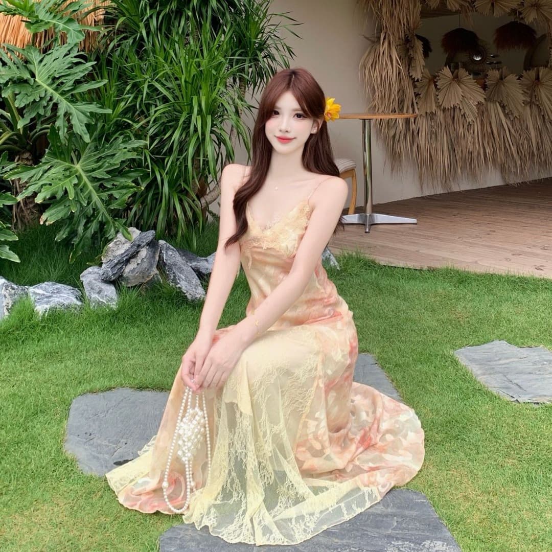 실사 빅 사이즈 무거운 작업 레이스 조각 꽃무늬 슬립 여성 드레스 여름 자외선 차단 숄 롱 스커트 투피스 세트 이미지 5