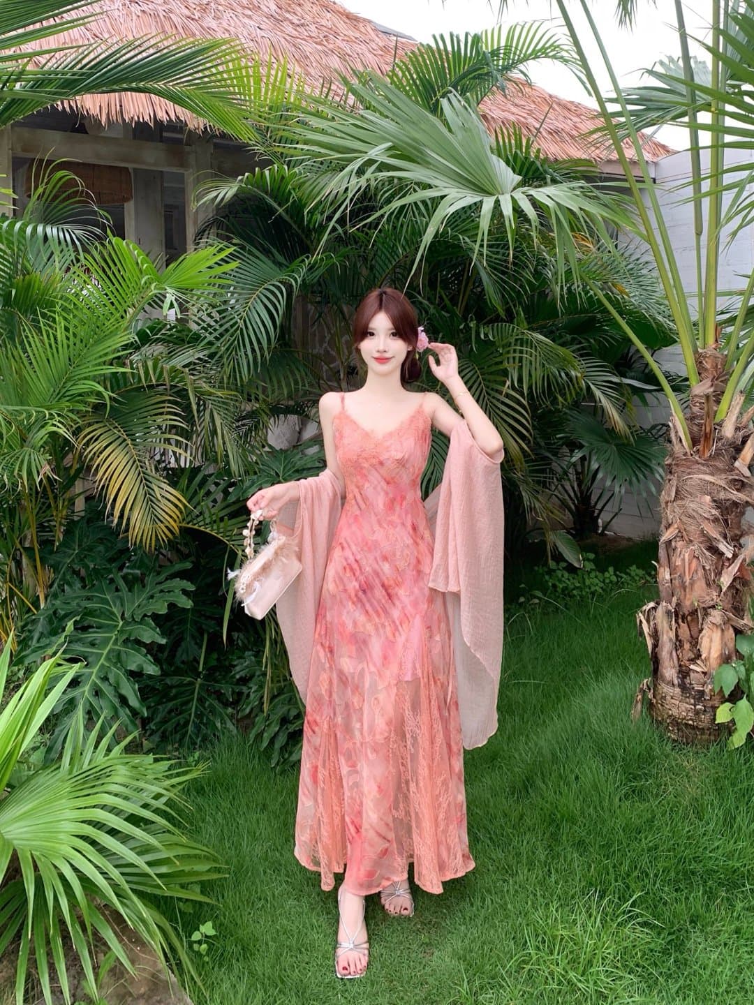 실사 빅 사이즈 무거운 작업 레이스 조각 꽃무늬 슬립 여성 드레스 여름 자외선 차단 숄 롱 스커트 투피스 세트 상세 이미지 2