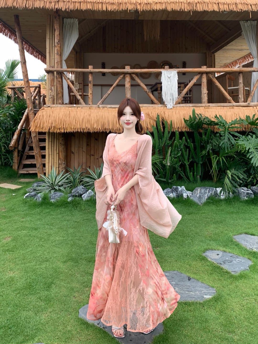 실사 빅 사이즈 무거운 작업 레이스 조각 꽃무늬 슬립 여성 드레스 여름 자외선 차단 숄 롱 스커트 투피스 세트 상세 이미지 3